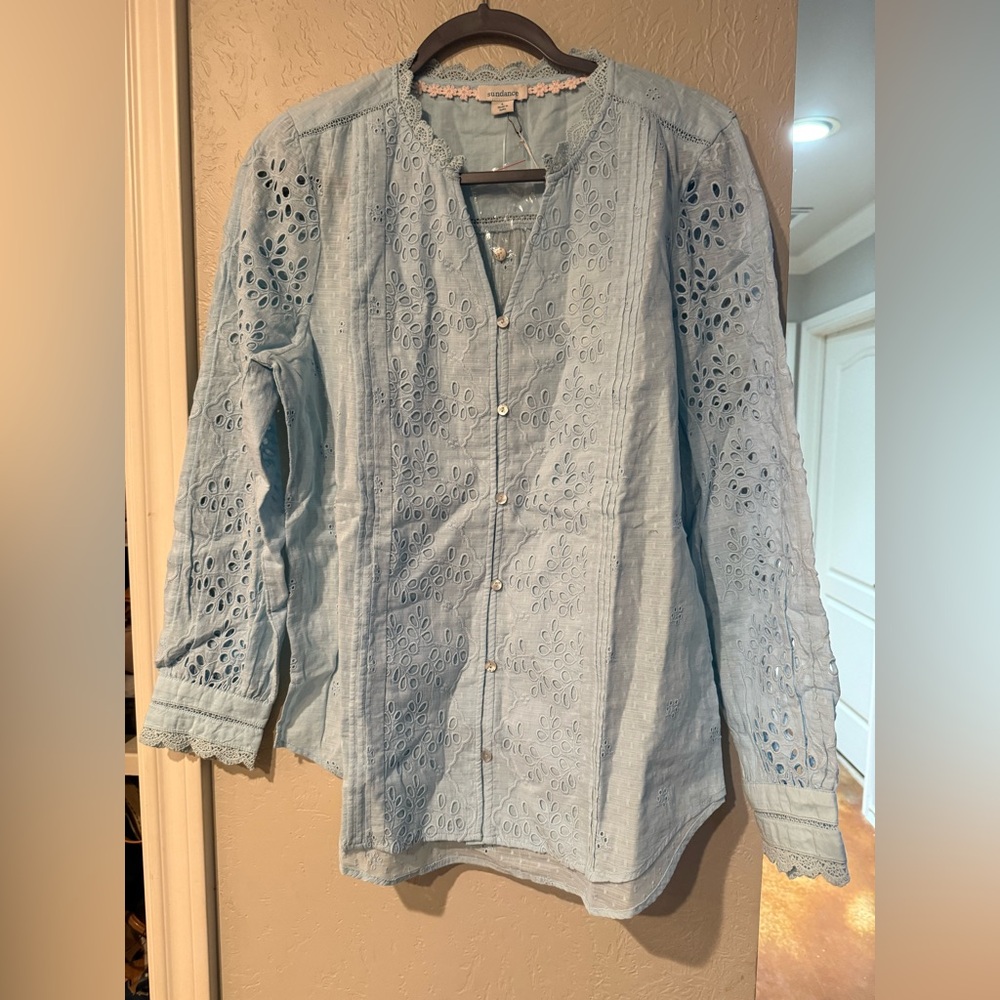 Sundance women’s size large Light Blue Eyelet Blouse boho button down cotton